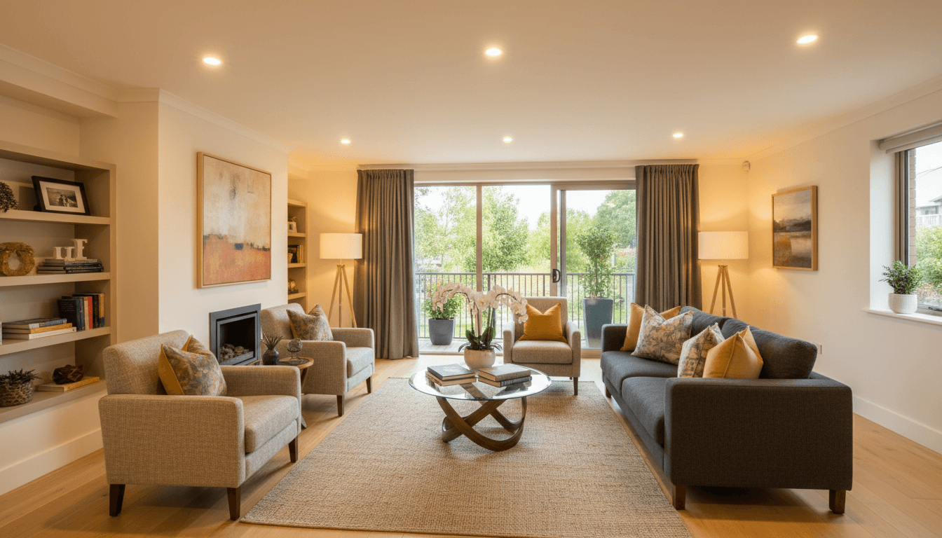 Bright, welcoming retirement village apartment staged with modern furniture and neutral tones