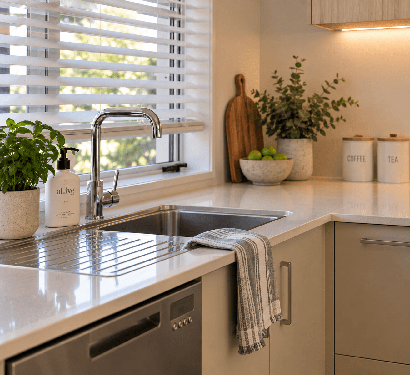 Modern kitchen sink with chrome faucet, potted basil, and striped towel on white countertop.