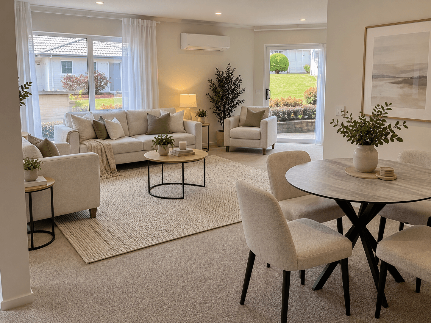Modern open-plan living and dining area with neutral decor, large windows, and indoor plants.