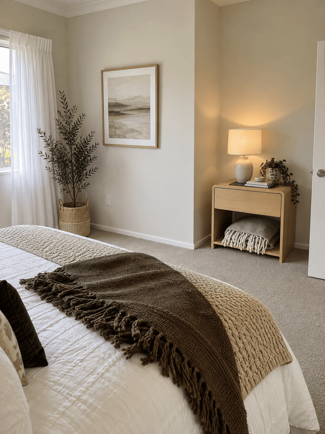 Cozy neutral bedroom with textured blankets, a potted olive tree, and a warm bedside lamp.