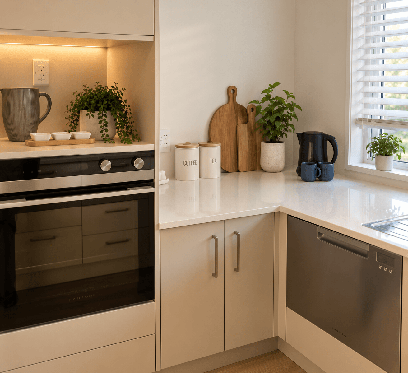 Modern kitchen corner with beige cabinets, white countertops, coffee canisters, wooden boards, and potted plants.