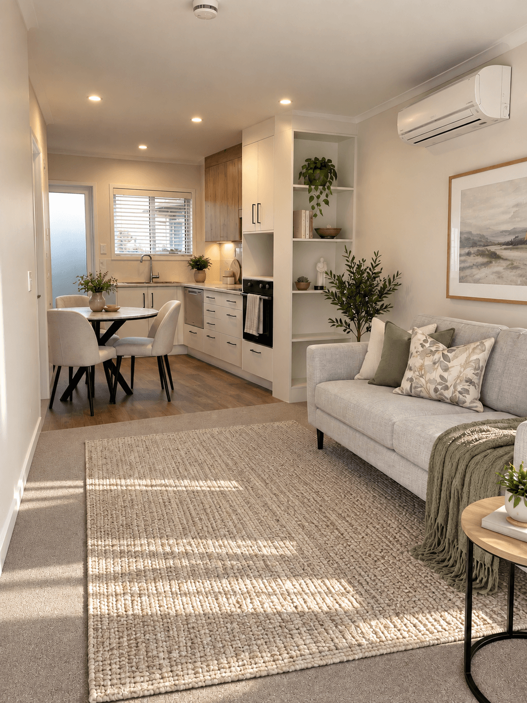 Sunlit modern open-plan living space with a grey sofa, textured rug, and compact kitchen.