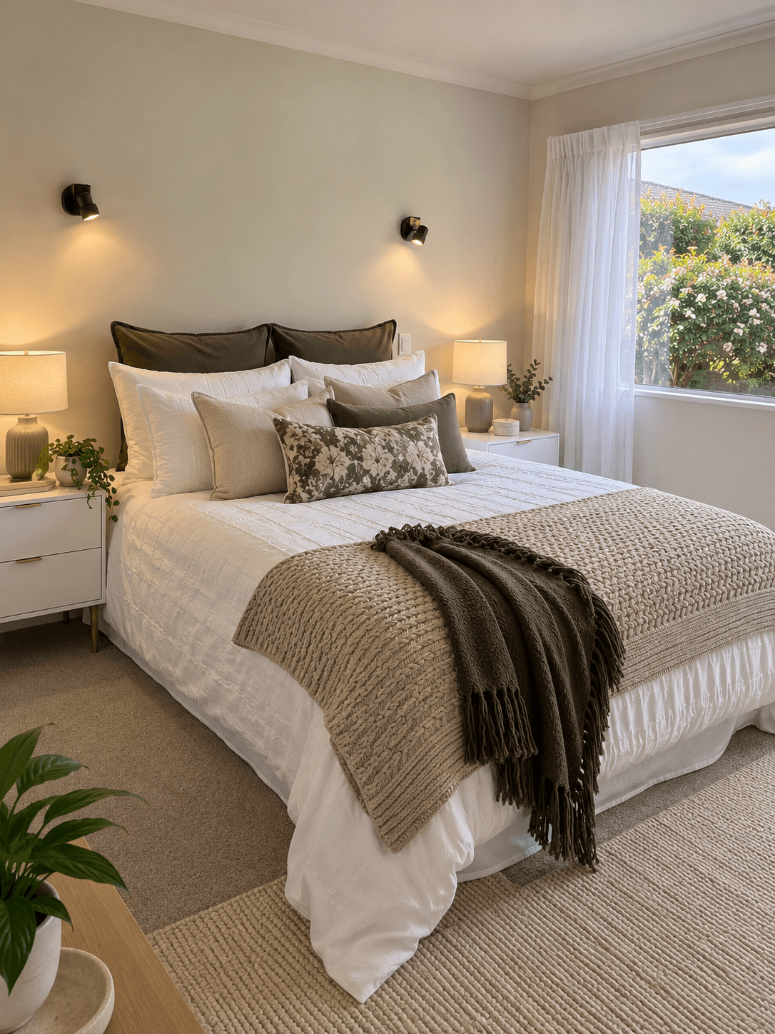 Cozy bedroom featuring white bedding, olive green accents, warm lighting, and a large garden window.