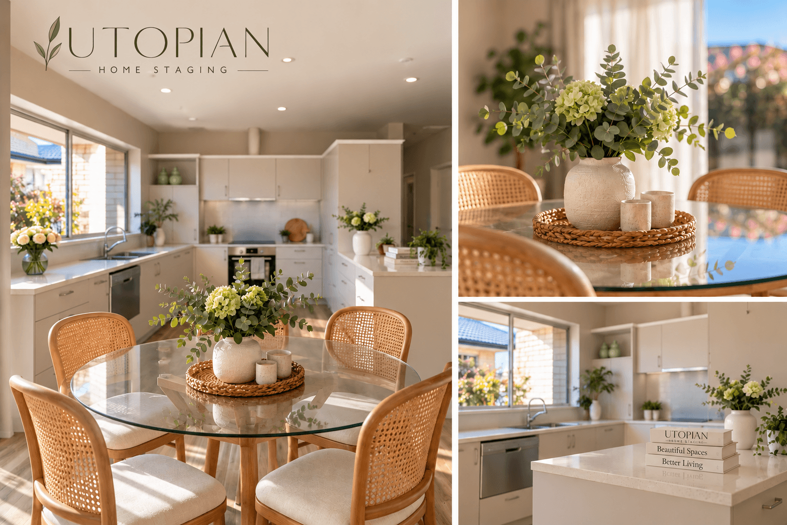 Modern kitchen and dining area with glass table, rattan chairs, and elegant floral centerpieces.