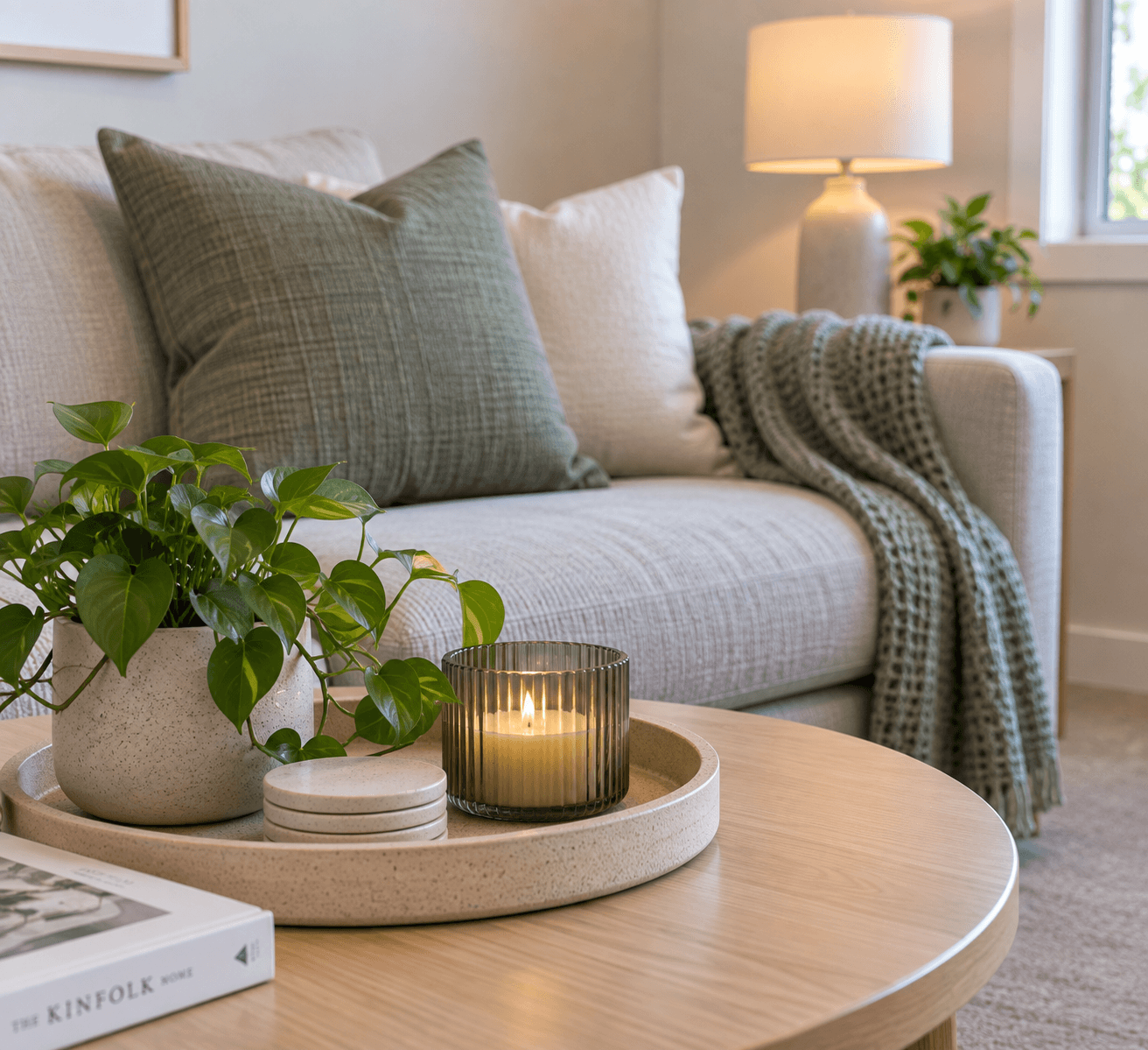 Cozy living room featuring a lit candle, potted plant, and sofa with sage green pillows.