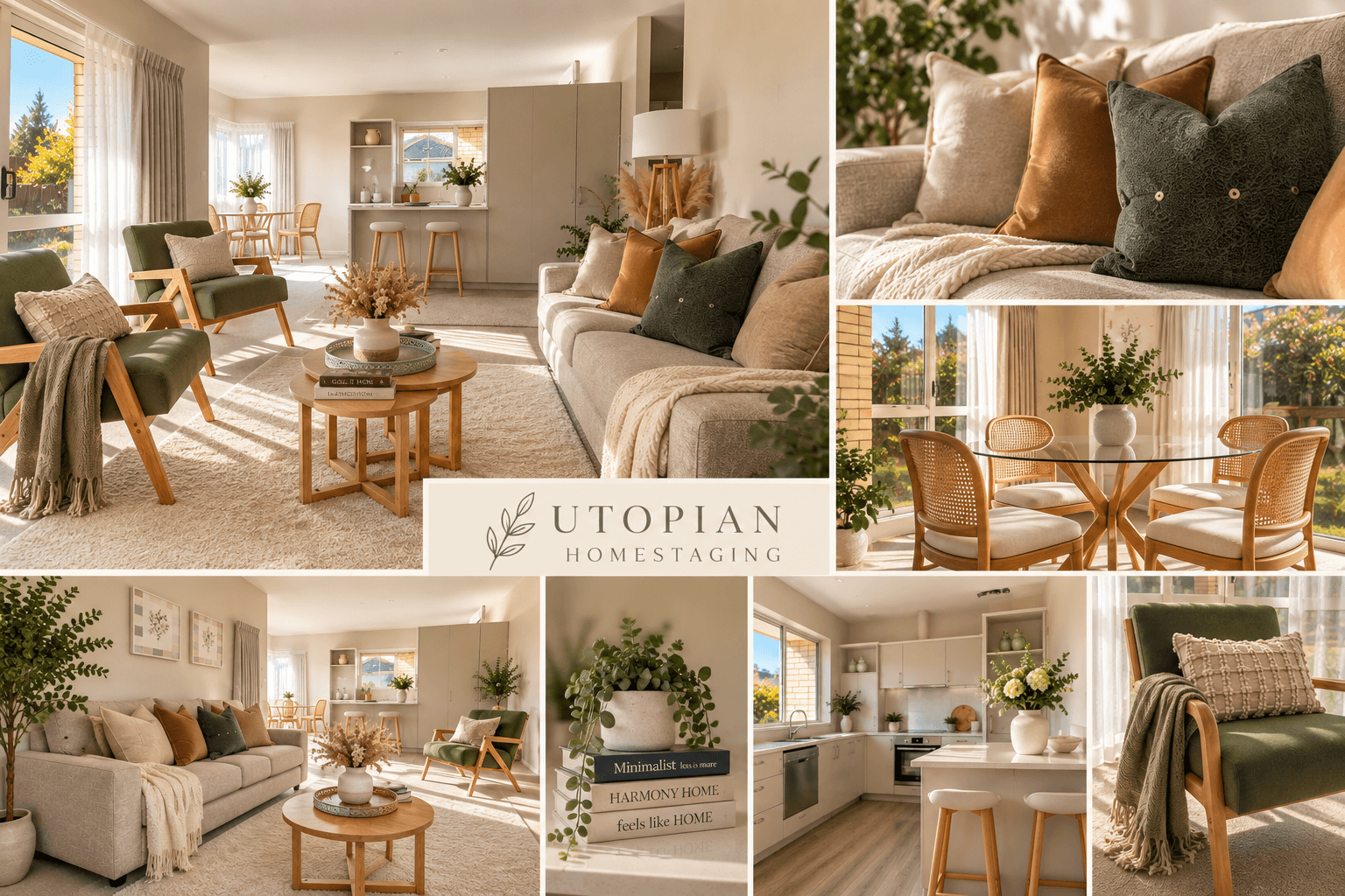 Modern home interior collage featuring sunlit living spaces with neutral tones and green accents.