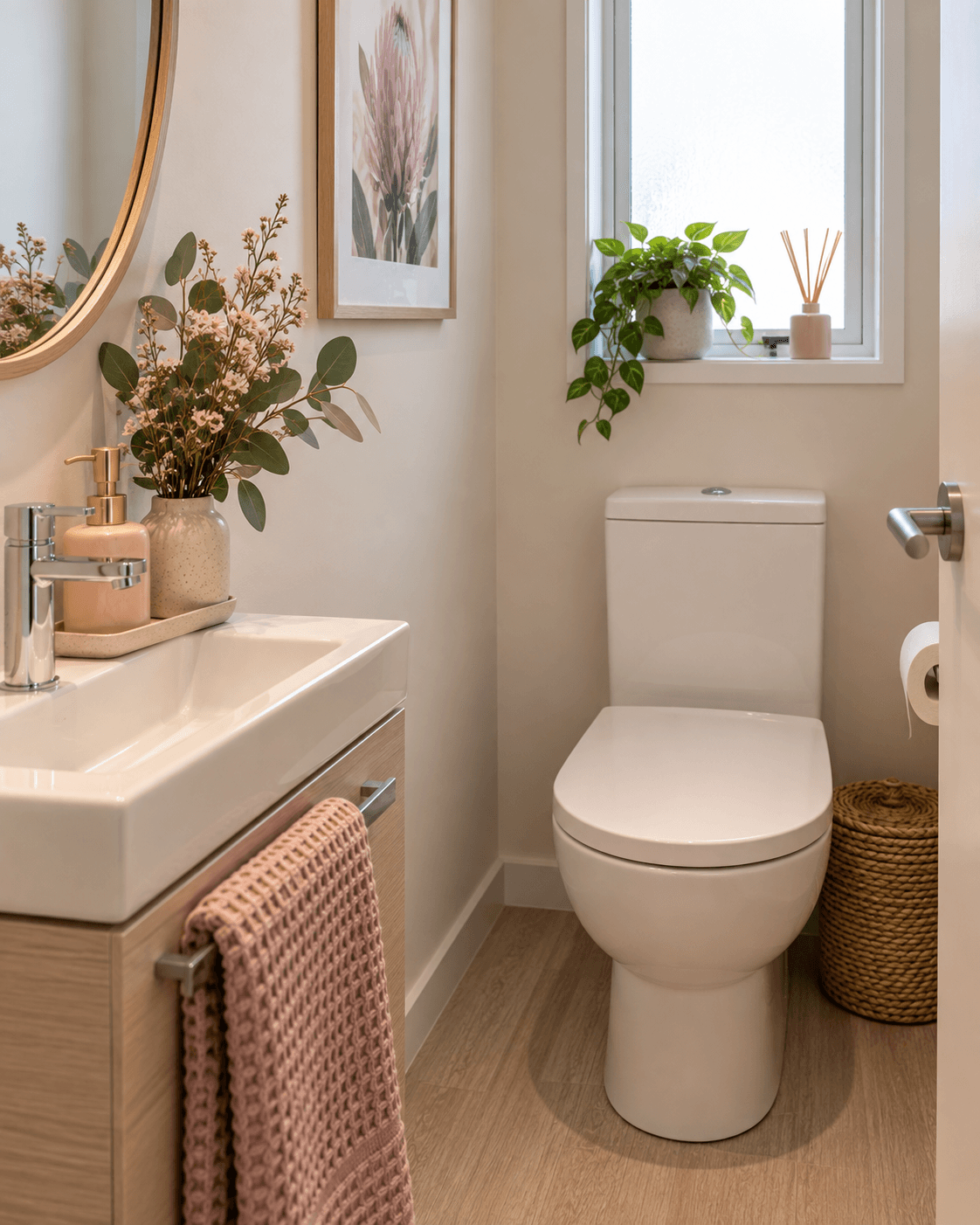 Modern bathroom with a white toilet, light wood vanity, pink towel, and green plants.
