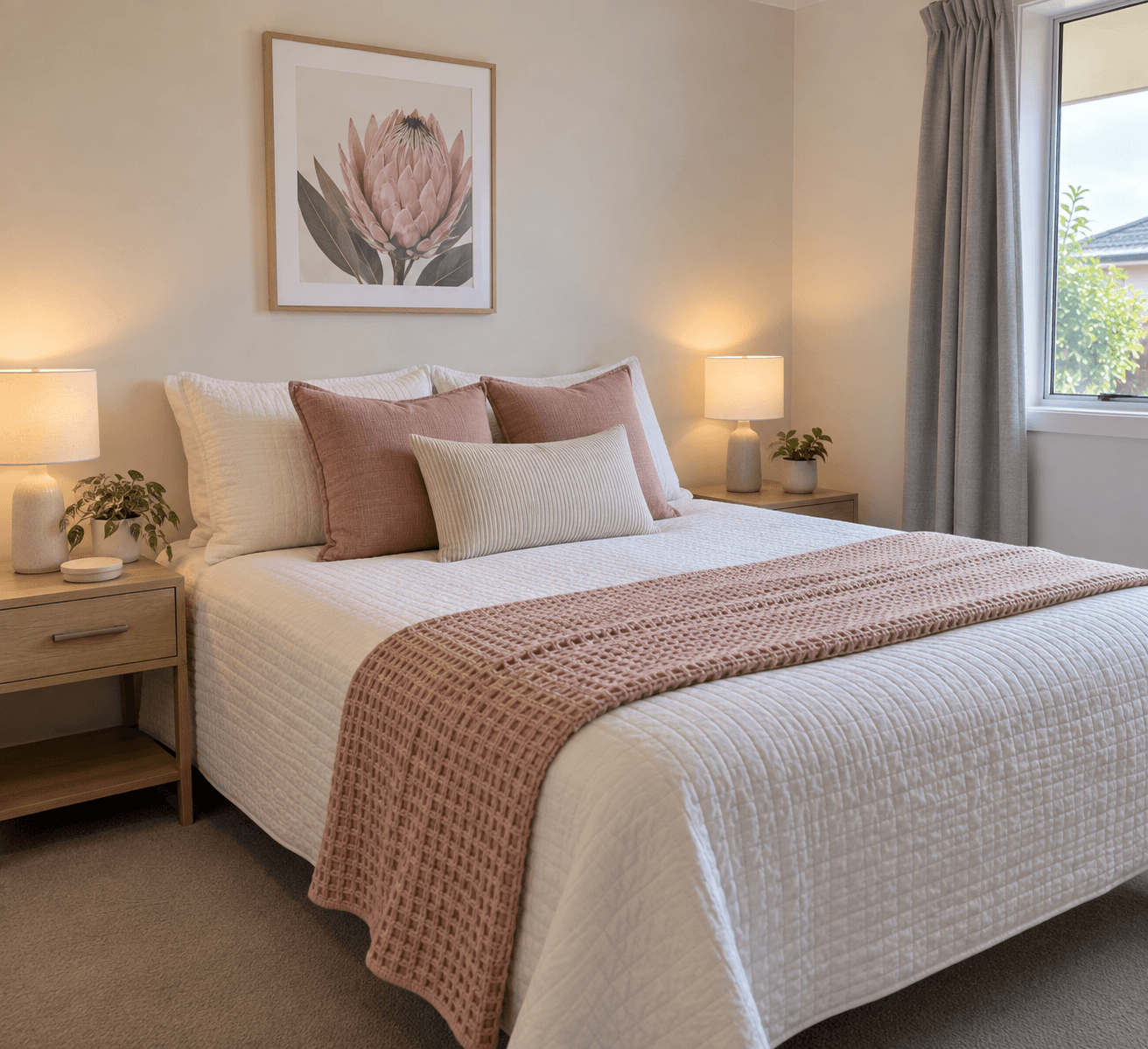 Cozy bedroom with white quilted bedding, pink pillows, wooden nightstands, and a framed protea print.