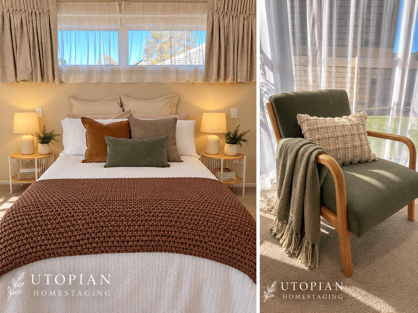 Warmly lit bedroom featuring earth-toned bedding, a chunky knit throw, and a green armchair.