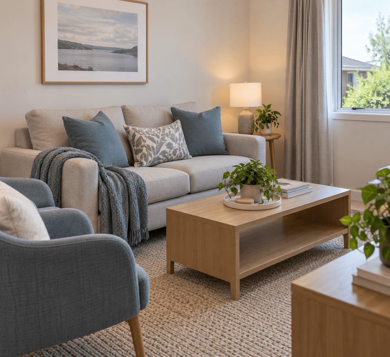 Modern living room with a gray sofa, blue pillows, wooden coffee table, and landscape art.