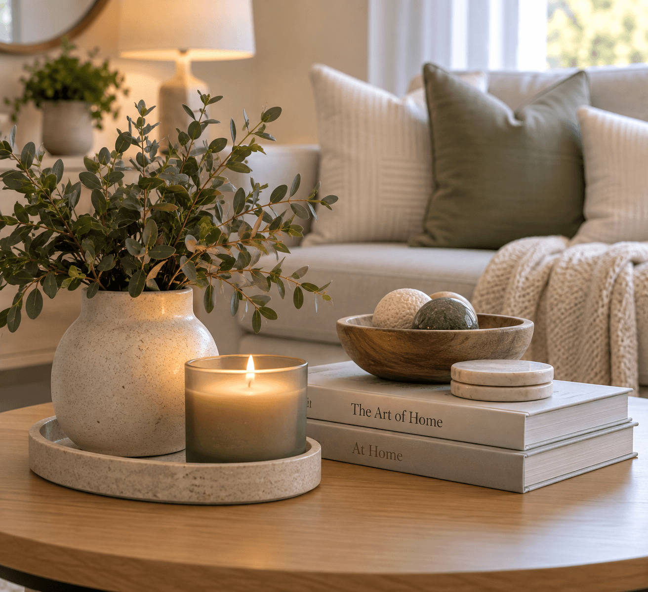 Cozy coffee table arrangement with a lit candle, eucalyptus branches, and decorative books.