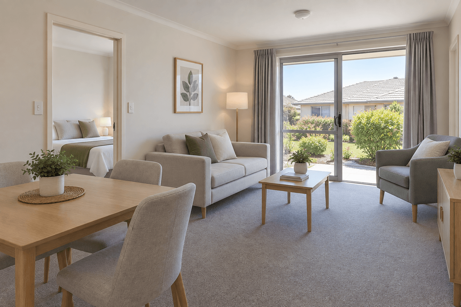 Bright living room with neutral furniture, dining area, and sliding doors to a sunny garden.