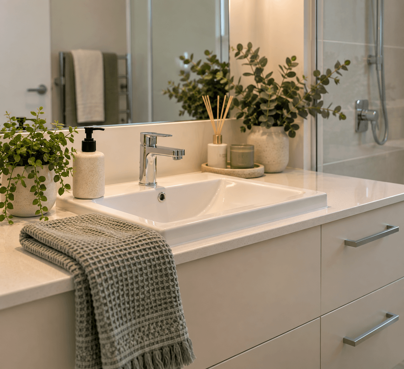 Modern white bathroom vanity with chrome faucet, potted plants, and a sage green waffle towel.