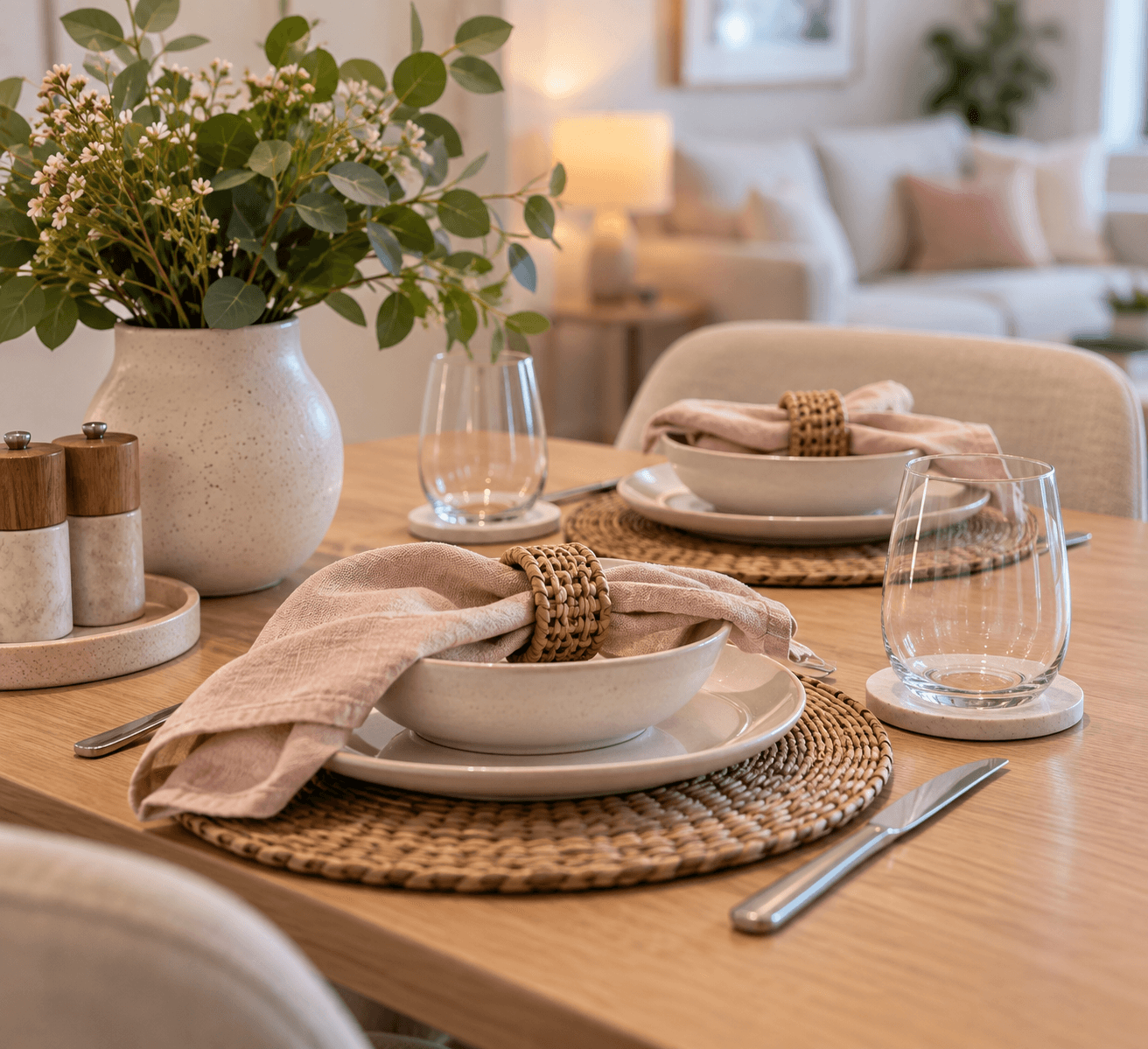 Elegant dining table setting with woven placemats, pink napkins, white dishes, and a leafy centerpiece.