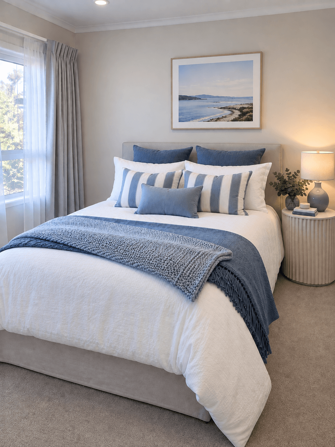 Bright bedroom with white bedding, blue accents, coastal wall art, and a fluted nightstand lamp.