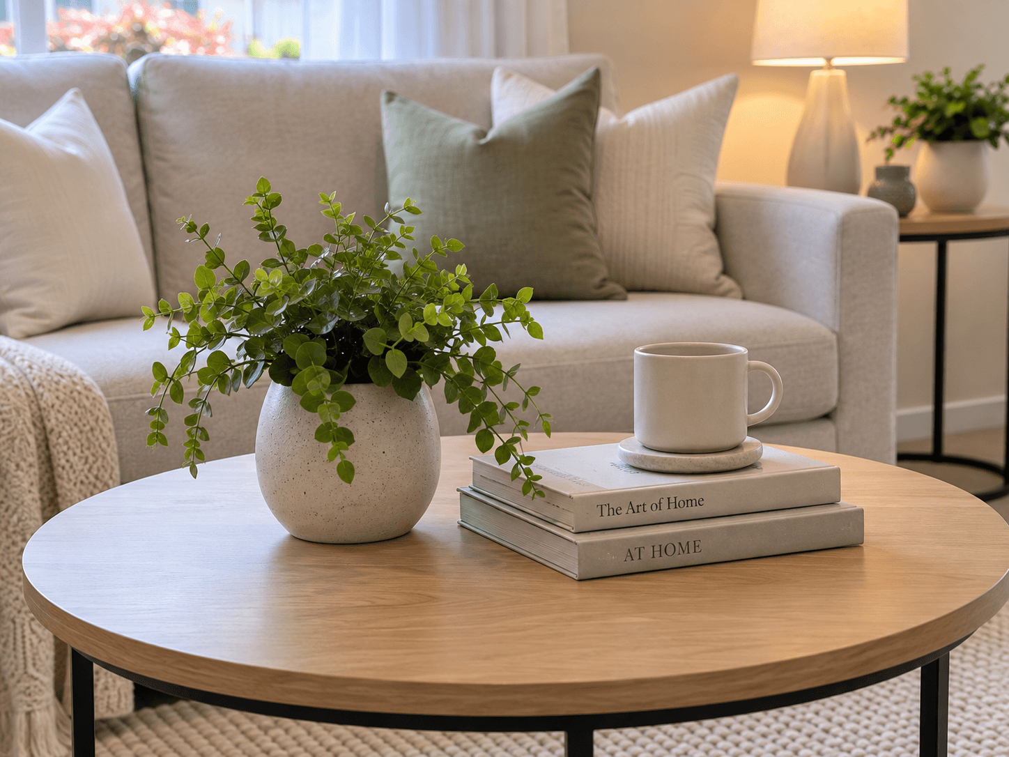 Potted plant, books, and mug on a round wooden coffee table in a living room.