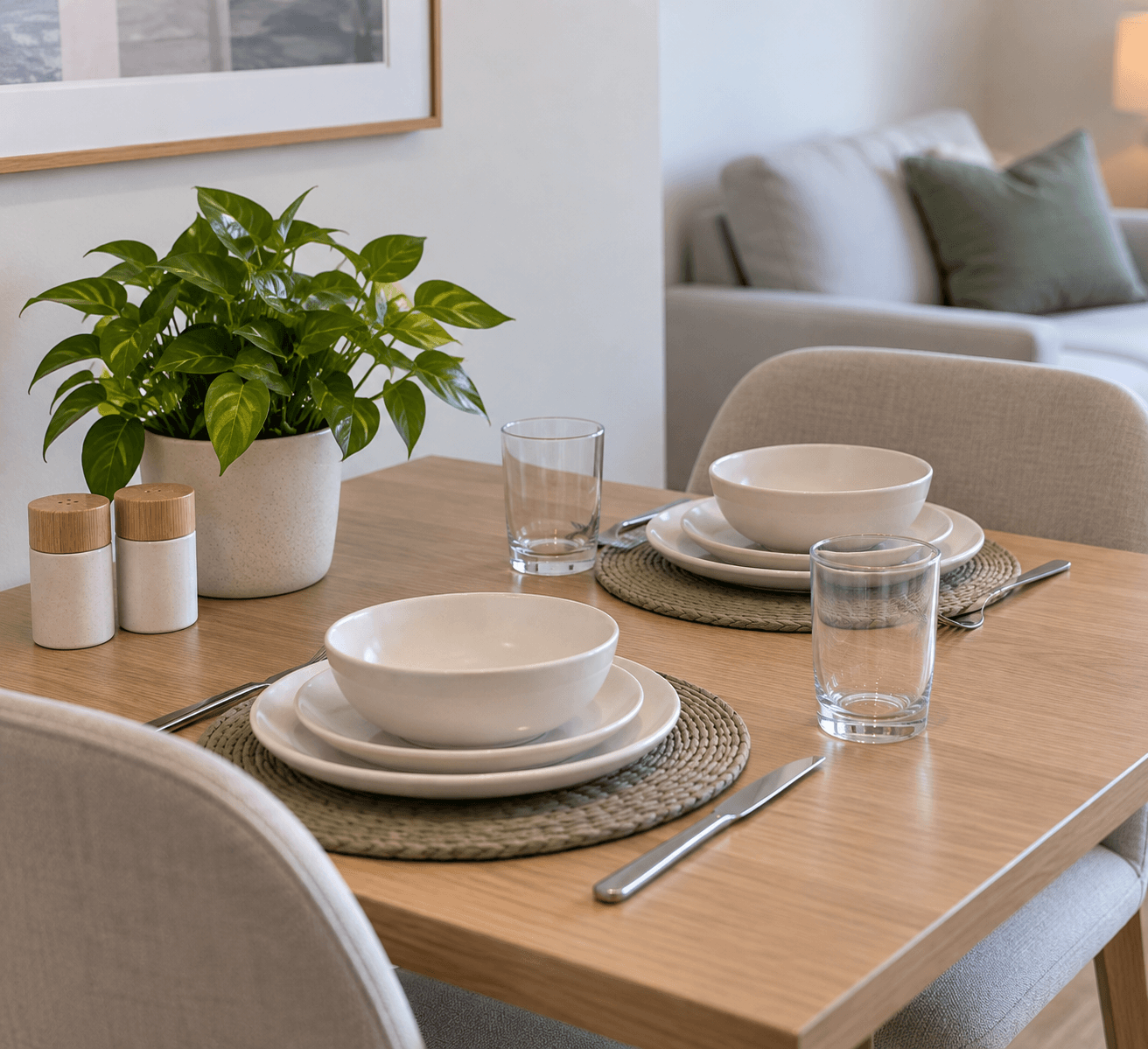Wooden dining table set for two with white dishes, green placemats, and a potted plant.