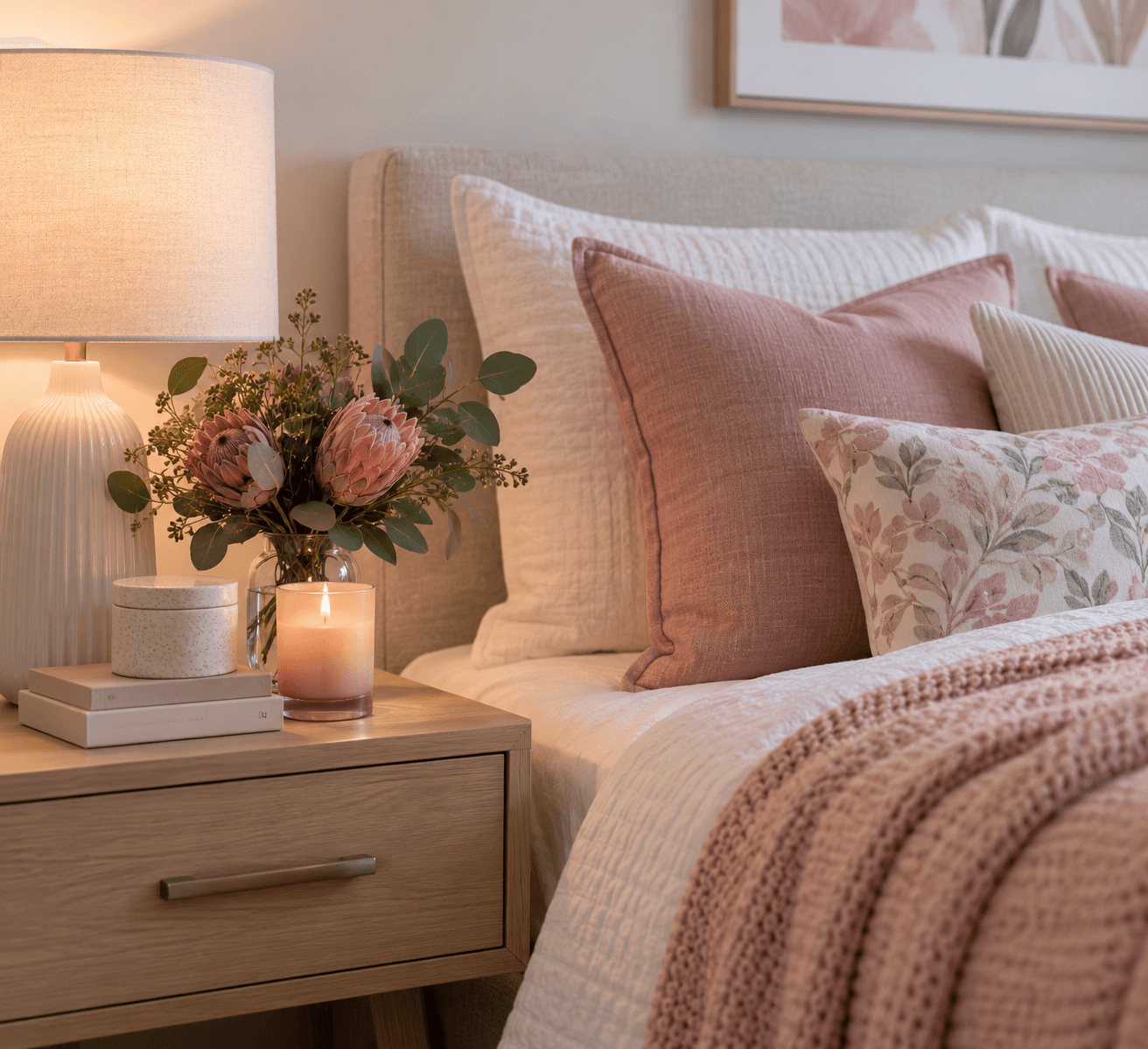 Cozy bedroom scene with pink pillows, a lit candle, and protea flowers on a nightstand.